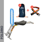 Brompton Brompton front-mount child seat with blue handles, black carry bag, and striped strap; gift icons mark included items | Foldrio. Foldrio
