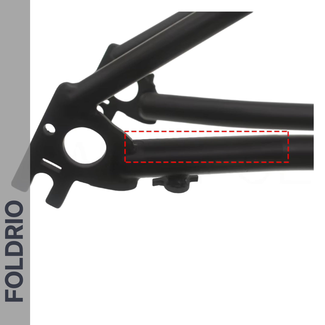 Brompton Brompton black frame with "FOLDRIO" logo, red rectangle marking Protective Sticker Set for full-frame protection | Foldrio. Foldrio