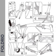 Brompton Brompton folding steps A–I with close-up views of mechanisms and applying Foldrio protective sticker set for paint protection | Foldrio. Foldrio