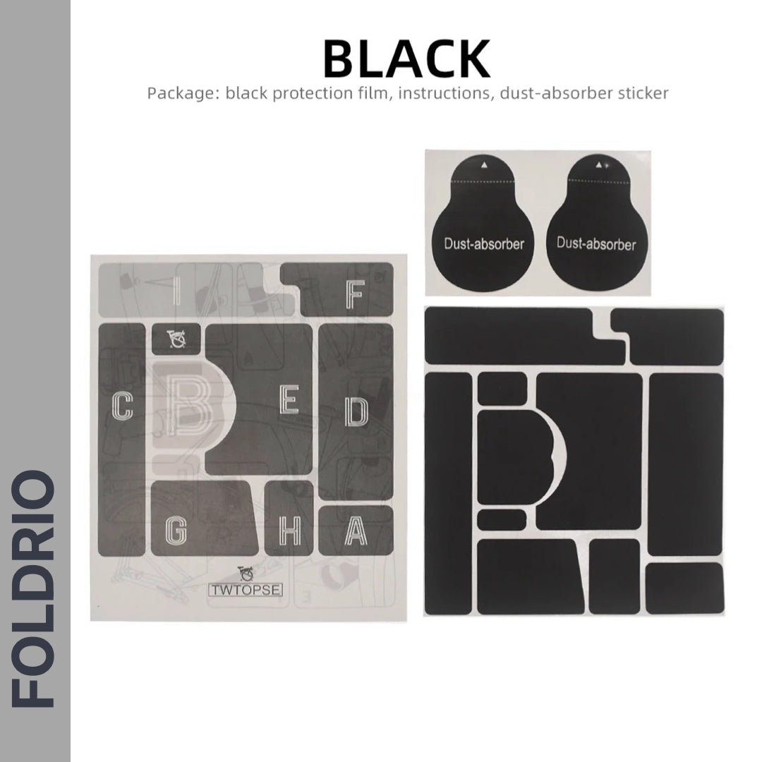 Brompton Brompton protective set with labeled black frame stickers, dust-absorber circles, product info, and FOLDRIO branding | Foldrio. Foldrio