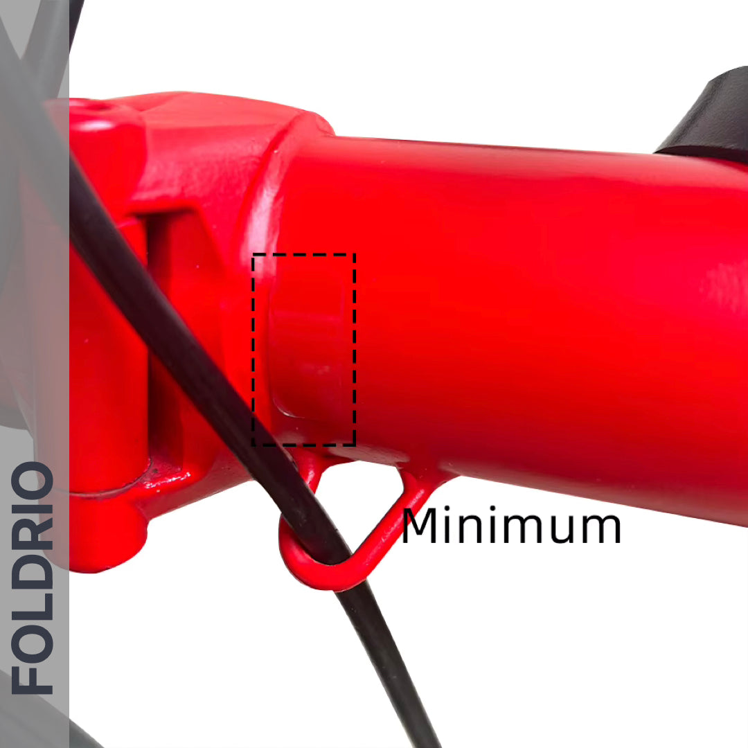 Brompton Brompton red frame detail with black cables, "Minimum" dashed box on seat tube, and FOLDRIO logo showing frame film | Foldrio. Foldrio