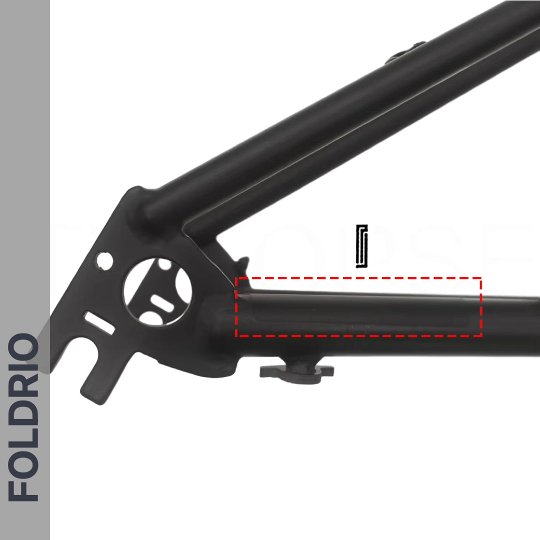 Brompton Brompton black frame with Foldrio Full Frame Film, rear dropout highlighted by red dashed rectangle, Foldrio logo left | Foldrio. Foldrio