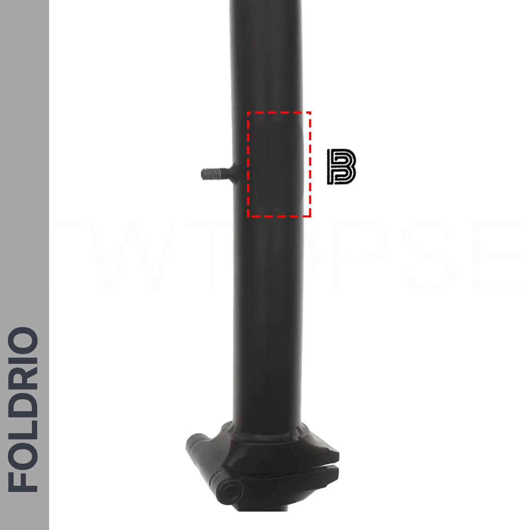 Brompton Brompton black frame close-up with bolt and red dashed box marking sticker set placement; FOLDRIO shown vertically | Foldrio. Foldrio